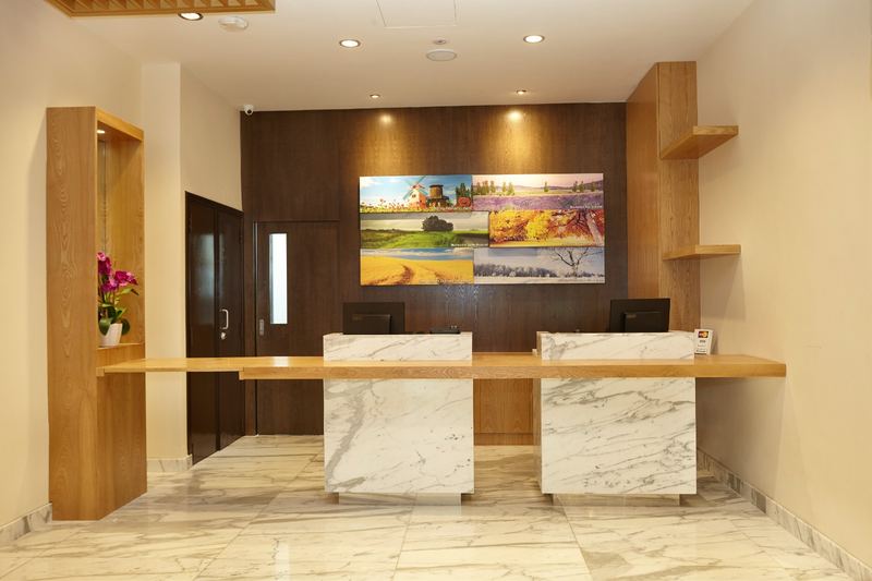 The marble front desk